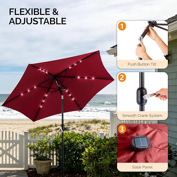 VINGLI 9FT Patio Umbrella with Solar Lights, Outdoor Umbrella with Push Button Tilt and Crank, Umbrella Outdoor Patio for Patio, Deck, Backyard, Pool