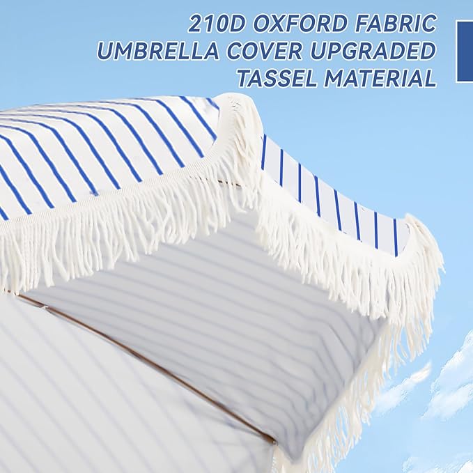 Aoxun 7ft Patio Umbrella with Fringe,Outdoor Beach Umbrella with Aluminum Pole, Ribs Push Button Tilt and Carry Bag, UV 50+ Picnic Tassel Umbrella (Blue&White)
