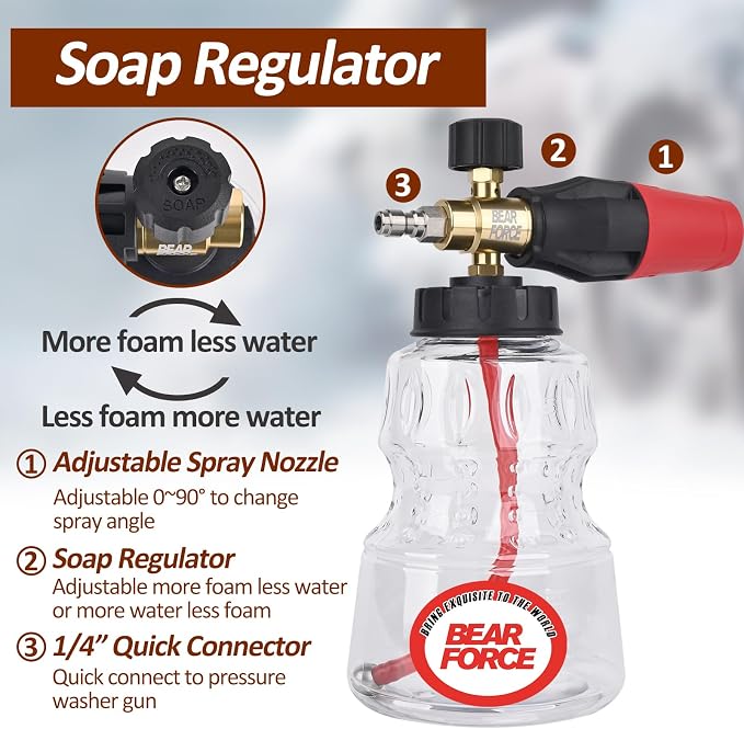 BEARFORCE Foam Cannon & 7 Adapters, Adjustable Snow Foam Lance Transparent Body, Professional Car Foam Blaster with 1/4" Quick Connector, 4000 PSI, 32oz, for Greenworks Karcher Ryobi Pressure Washer