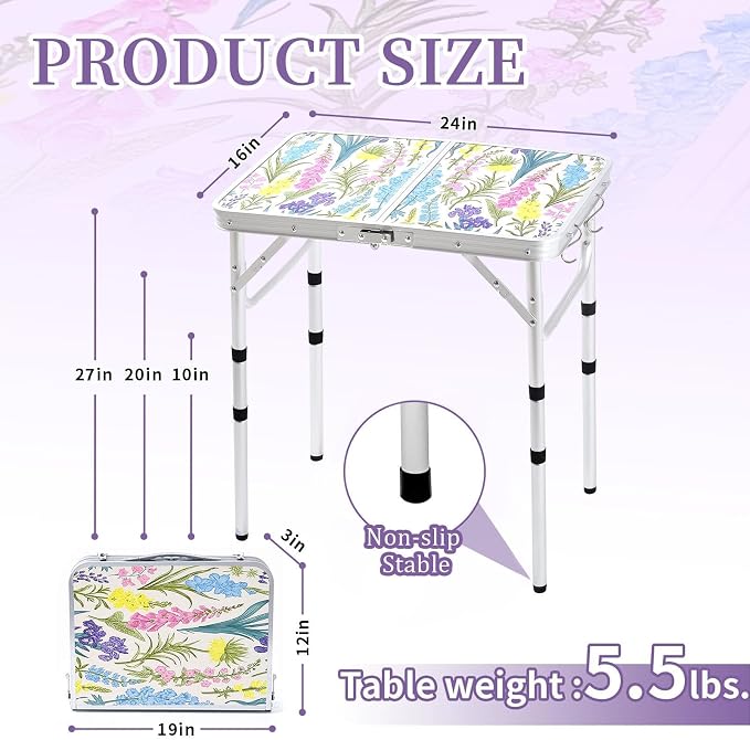 Folding Camping Table 2ft Portable Picnic Table Adjustable Height, Small Lightweight Aluminum Foldable Card Table,Hands-Free Carry for Outdoor Camp BBQ Beach (Blooming Floral with Shoulder Strap)