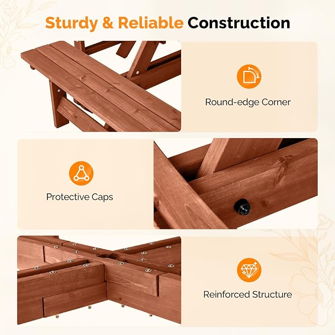 VINGLI 8-Person Wood Picnic Table Outdoor Sqaure Picnic Table with Umbrella Hole and 4 Built-in Benches, Outdoor Dining Tables and Chairs 500 LBS Bench Capacity (Brown, Sqaure)