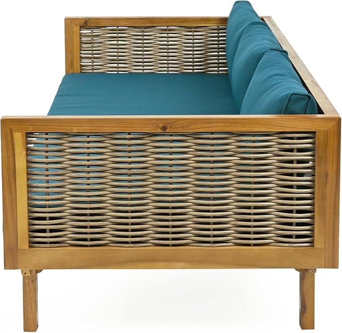 Merax Outdoor Acacia Wood Conversation Set, 3-Seat Loveseat Sofa w/Coushion and Round Coffee Table for Backyard, Patio Furniture, Teak+Teal