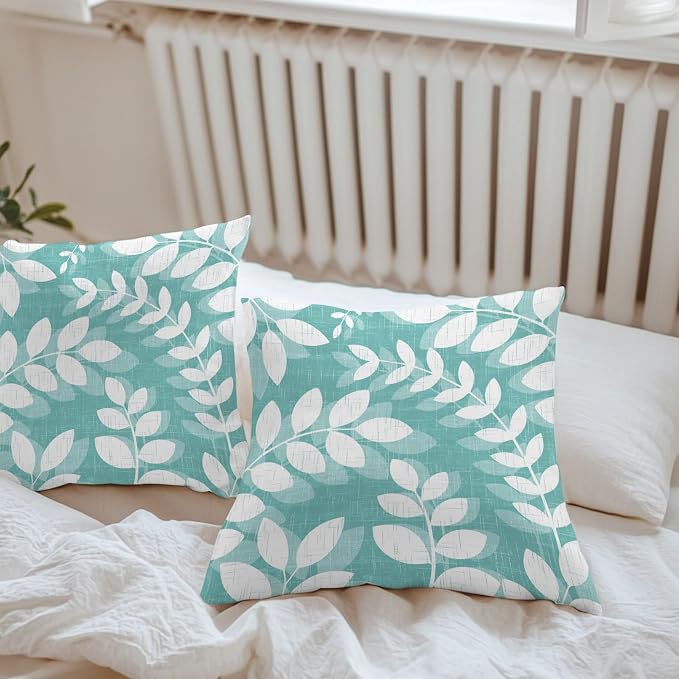 Teal Green Leaves Outdoor Waterproof Throw Pillow Covers 18x18 Set of 2, Farmhouse Botanical Branch Vintage Boho Leaf Decorative Pillowcases Cushion Pillowcase for Couch Sofa Patio Pillow Protector