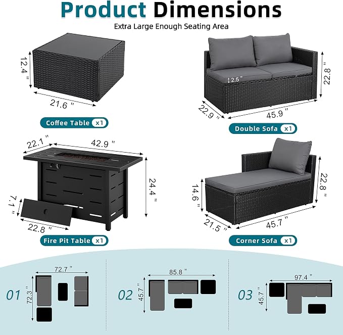 SUNLEI 4-Piece Patio Furniture Set with 43" Propane Fire Pit Table, Outdoor Wicker Sectional Sofa Set, All-Weather Conversation Set for Backyard, Poolside, Garden, Blue Cushions