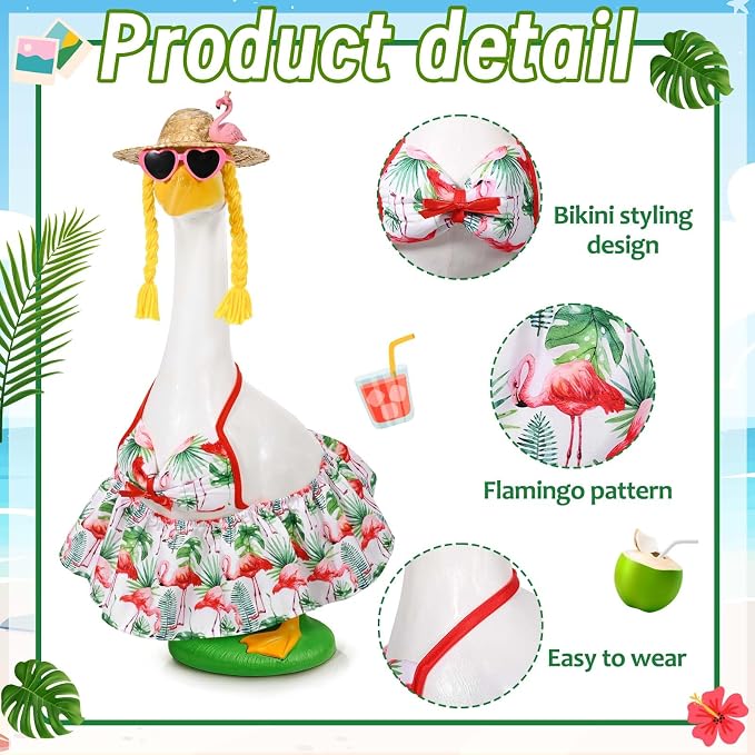 JcHrmers Bikini Goose Outfit Summer Flamingo Porch Goose Outfits Hawaiian Lawn Goose Clothes Fits 23" Cement Plastic Goose Statue for Summer Outdoor Garden Yard Patio Art Decor