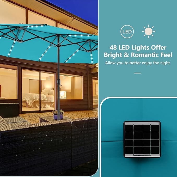 Tangkula 15 Ft Solar Patio Umbrella, Double-Sided Extra Large Outdoor Market Table Umbrella with 48 LED Lights, Crank Handle, 12 Sturdy Ribs for Poolside, Garden & Backyard (Turquoise)