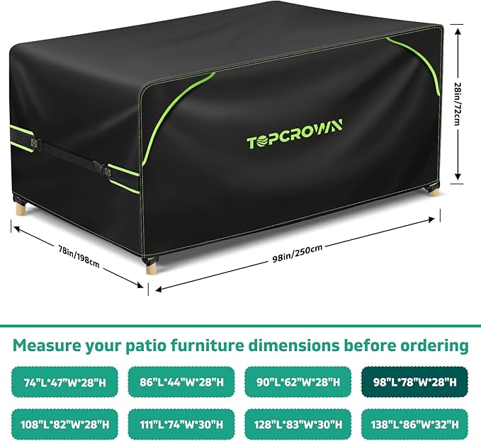Topcrown Patio Furniture Covers Rectangular, Waterproof Anti-UV Oxford Fabric with Double Airflow Vents for Outdoor Dining Table and Chairs (420D Black+Green, 98"L x 78"W x 28"H)
