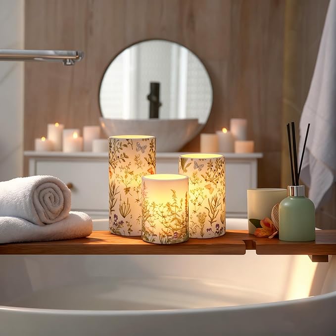 Baquler Wildflowers Floral Spring Glass Flameless Candles with Remote Timer Battery Operated LED Flickering Pillar Seasonal Summer Butterfly Dinner Holiday Decor