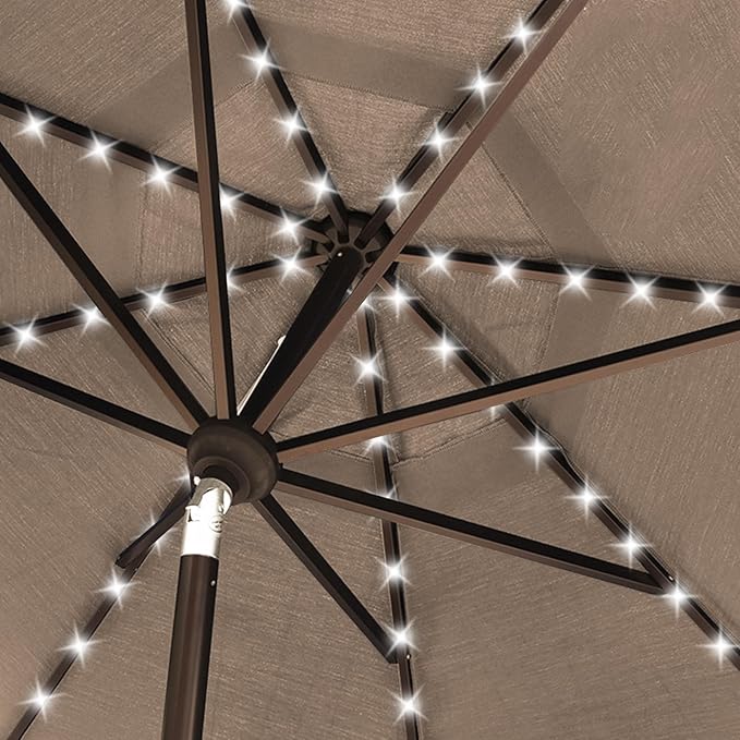 EliteShade USA 10-Year-Non-Fading 10ft Market Patio Umbrella, Commercial Grade Table Sun Umbrella with 80 Solar LED Lights, Crank Open, Windproof & UPF 50+ UV Protection for Garden, Deck, Pool, Backyard, Heather Beige