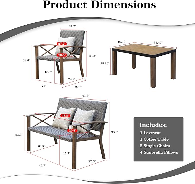 Domi Aluminum Patio Furniture Set, 4-Piece Modern Conversation Set with Cotton Padding Backrests and Seats, Outdoor Sectional Metal Sofa Set with 5.5 Inch Cushion and Coffee Table for Balcony, Garden