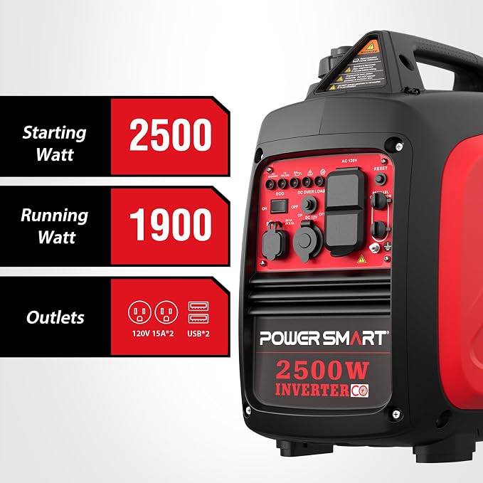 PowerSmart 2500W Gas Powered Portable Inverter Generator With CO Sensor- Super Quiet Generator for Home Use, Camping, Outdoor Use, Parallel Ready, EPA Compliant