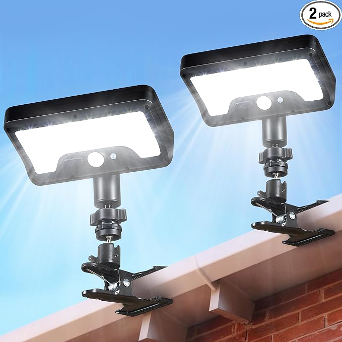 2PK Metal Clip on Solar Gutter Lights with Motion Sensor 600LM, Security Lights, Waterproof Outdoor Solar Lights for Fence, Deck, Patio, Garage, Camping