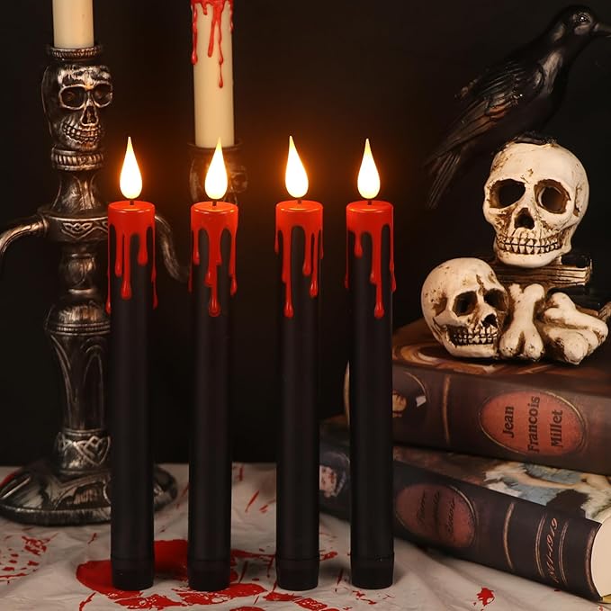 Eldnacele LED Flameless Taper Candles Battery Operated with Remote and Timer 3D Wick Flickering Blood Dripping Halloween Dinner Spooky Horror Home Decoration Set of 4 Black Candles, 0.78" x 8.9"