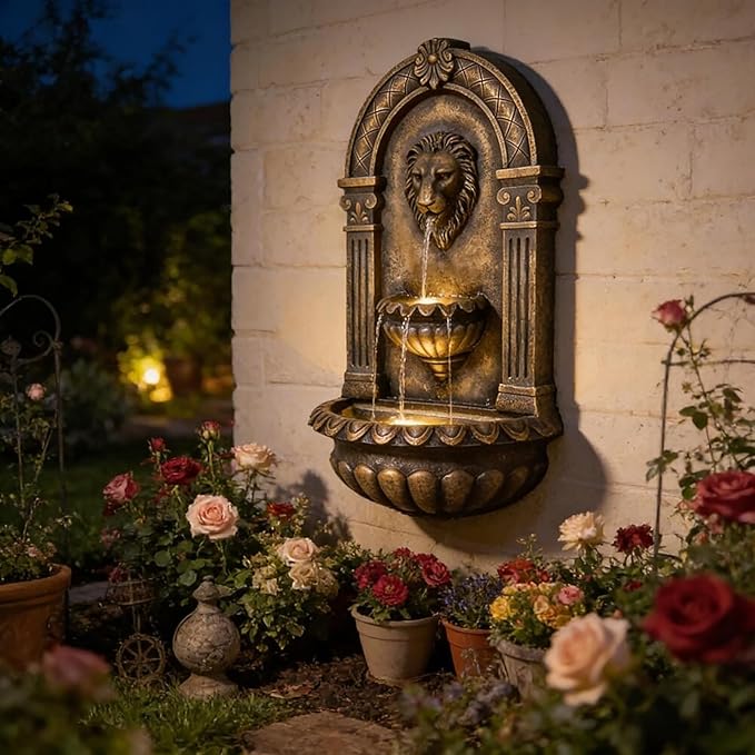 31.1 Inches High Large Wall-Mounted Lion Head Fountain with Led Lights,Featuring 3-Level Adjustable Water Flow,Crafted from Artificial Resin, for Outdoor Courtyard Decoration