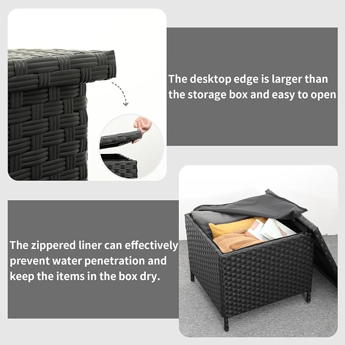WAROOM Patio Side Table with Storage Resin Rattan Outdoor End Table Wicker Storage Table for Garden Backyard Porch Poolside, Black