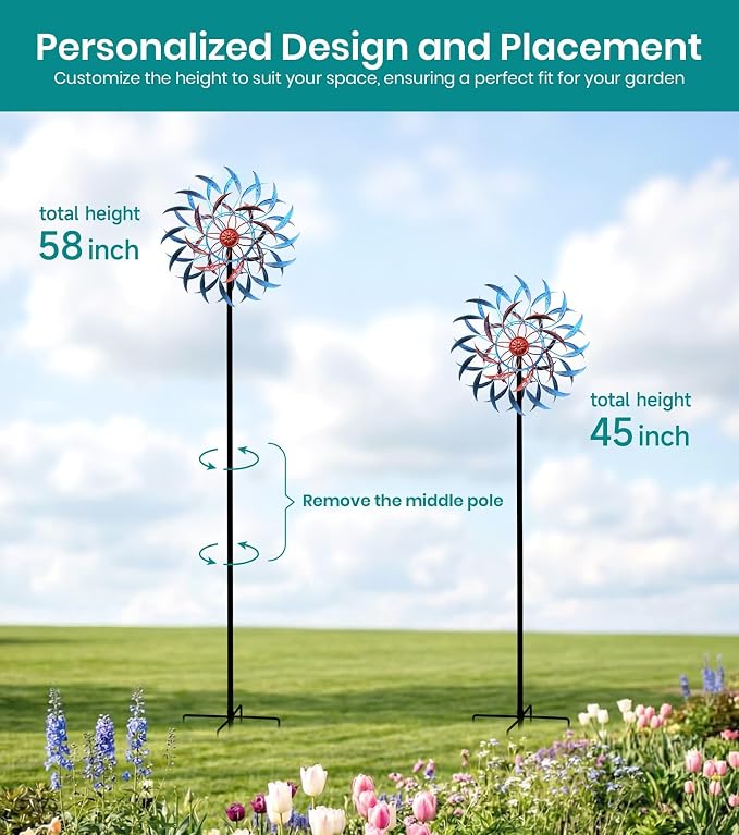 4 Layer Wind Spinner Metal Vine Scroll Kinetic Garden Yard Art Decor | Hand-Crafted Art, 4-layer vine scroll metal spinner, Whisper-quiet dual rotation, Adjustable height stake