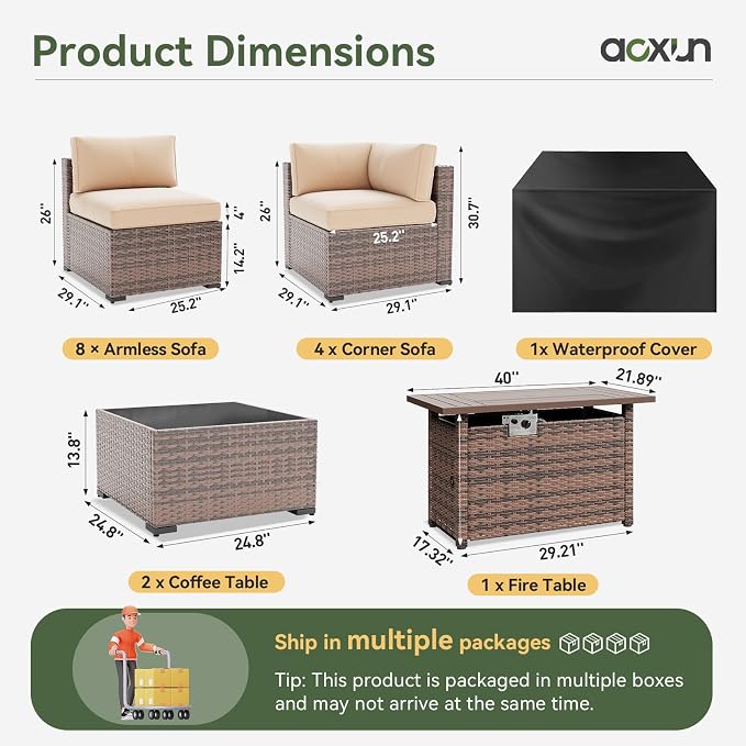 Aoxun 15 Piece Patio Furniture Set with 44” Fire Pit Table, Wicker Rattan Patio Sectional Sofa, Outdoor Furniture Set with Thickened Cushion, Brown