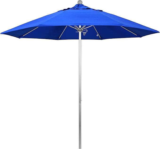 California Umbrella 9' Round Aluminum/Fiberglass Umbrella, Push Open, Silver Pole, Sunbrella Pacific Blue