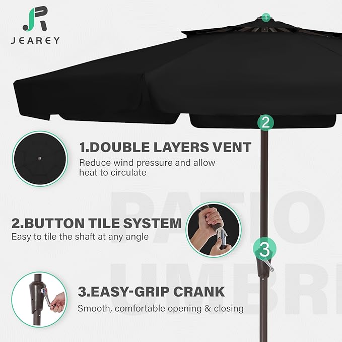 JEAREY 9' 2-Tiers Patio Umbrellas Outdoor Market Table Umbrella w/Push Button Tilt/Crank, 8 Sturdy Ribs, UV Protection Waterproof Sunproof(Black)