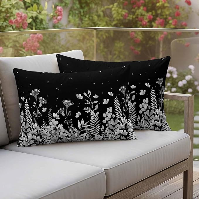Outdoor Pillow Covers Waterproof, Vintage Floral Decorative Rectangle Throw Pillowcases Patio Cushion Covers for Tent/Garden, 20" x 12" 2 Pack, Spring Wildflowers Country Botanical Black