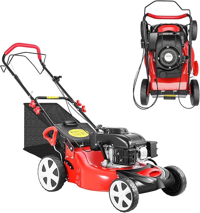 4-Stroke Self-Propelled Gas Lawn Mower, 5HP 140CC 2800RPM 8 Adjustable Heights Gas Push Lawn Mower with Stable Wheels for Sports Fields Community Greening Municipal Greening