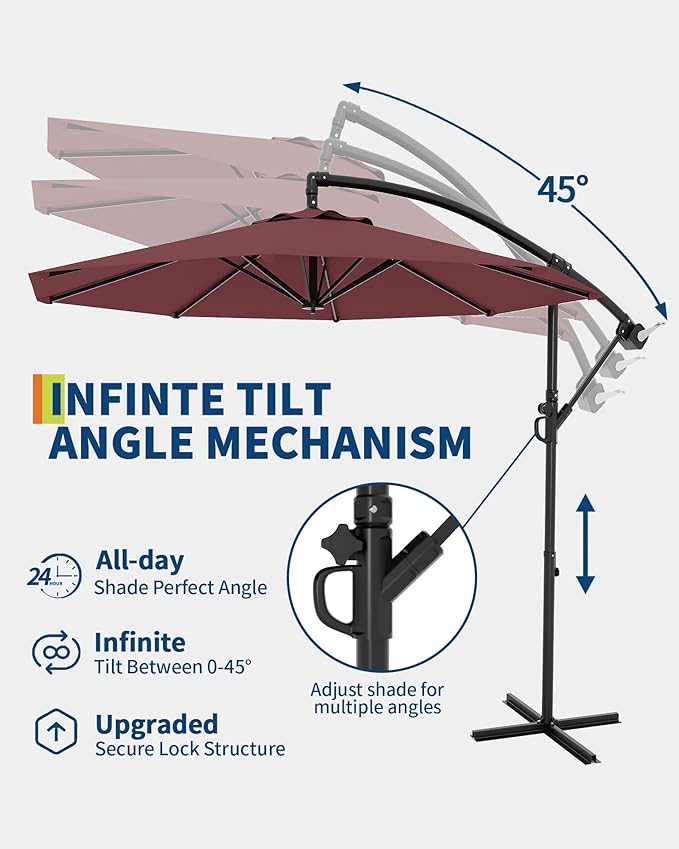 IDEALHOUSE 10FT Offset Cantilever Patio Umbrella with Cross Base, Large Outdoor Umbrella with Infinite Tilt & Crank Lift, UPF 50+ Fade-Resistant Fabric, Vented Canopy for Garden, Deck, Backyard