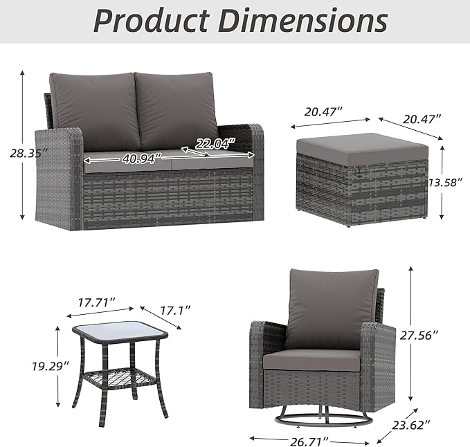 HOMREST 6 Piece Patio Conversation Sets with Loveseat, Rattan Wicker Swivel Chairs with 2 Ottoman, Coffee Table & Cushions, Outdoor Furniture Sets for Garden, Poolside, Backyard (Grey)
