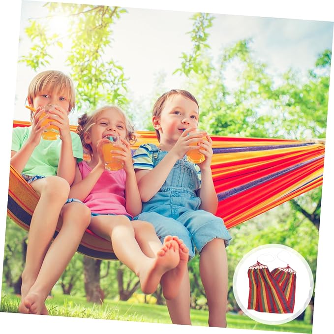 Single Person Rainbow Striped Canvas Hammock for Camping and Outdoor Leisure, Travel Portable Cotton Fabric Swing with Anti-tip Design, Red