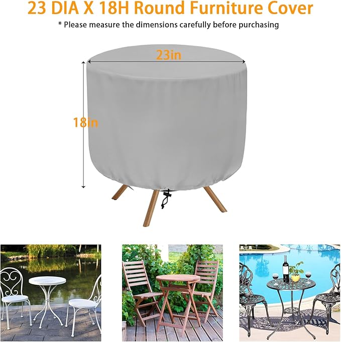 Patio Table Chair Cover (Gray), 23" DIA X 18"H, Portable Propane Grill covers, Outdoor Patio Furniture Cover Waterproof for Coffee Table, Hot Tub Side Table with 7.5 Gallon Cool Bar and Wine Cooler