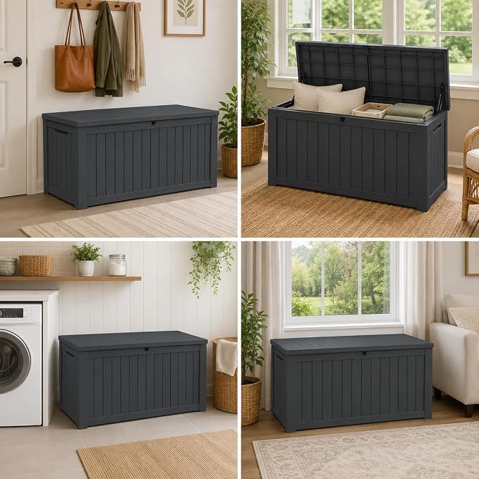 Outdoor Deck Patio Storage Box - 170 Gallon Large Outdoor Deck Box, Plastic Storage Bin with Lid, Outside Toy Box & Pool Storage Container for Cushions, Garden Tools, Towel, Black