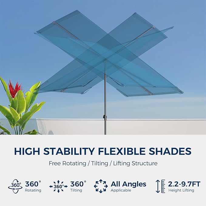 HOMSHADE 6x4ft Outdoor Balcony Umbrella - Flat Porch Pool Patio Umbrella Rectangular Canopy Shade UPF50+ UV Protection 360° Rotating & Tilting All Angles Applicable (Peacock Blue, No Base)