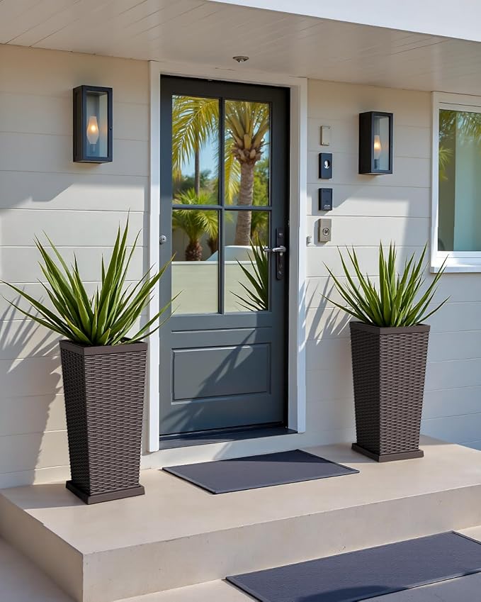 Greesum 23 Inch Tall Plastic Planters with Detachable Inner Pot & Drainage Holes (Set of 2), Large Outdoor Flower Pots for Plants, Trees, Patio, and Garden, Brown