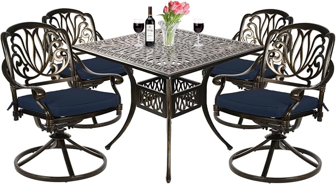 VIVIJASON 5-Piece Outdoor Patio Dining Set, All-Weather Cast Aluminum Conversation Set, Patio Furniture Set, Include 4 Swivel Dining Chairs, a 35.4" Square Table w/Umbrella Hole, Navy Blue Cushion