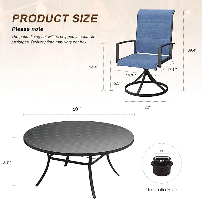 VICLLAX 9 Pieces Outdoor Dining Set, Patio Furniture Set Includes 60" Round Metal Table W/ 1.9" Umbrella Hole and 8 Padded Textilene Swivel Chairs for Porch, Lawn, Garden, Backyard