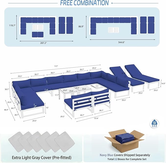 NICESOUL 16 Pcs Extra Large Modern Aluminum Outdoor Sofa with Chaise, 29" Deep Wide Seat, 500 lbs Durable Sectional Set for Heavy People, Water Resistant Patio Furniture Set for Backyard, Navy Blue