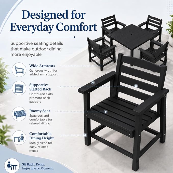 HDPE Outdoor Dining Set for 4, Square Table & Chairs Set | • All-Weather Polywood Composite • 410 lbs Heavy-Duty Support • Built-In 2" Umbrella Hole • Easy Soap-Water Wash
