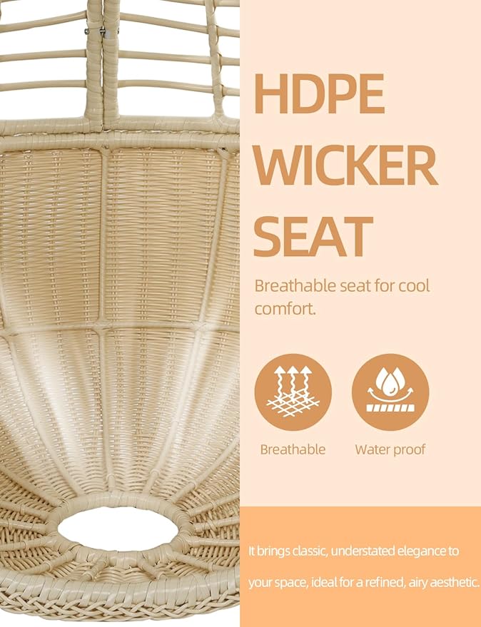 Hanging Egg Chair Swing Chair with Stand Wicker Rattan Chair for Indoor Outdoor Patio Bedroom Hammock Chair with Steel Frame and Cushion (Color: Beige)