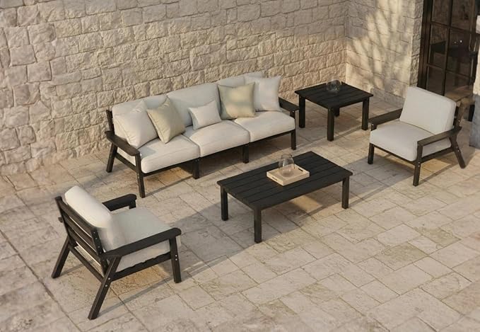 7 Piece Patio Conversation Sets, Outdoor Couch with Washable Thick Beige Cushions, HDPE Patio Furniture Set, Outdoor Sectional Furniture for Backyard, Deck, Lawn, Porch (Black Frame)