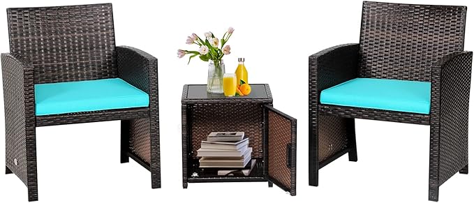 Tangkula 3 Pieces Outdoor Wicker Conversation Set with Waterproof Cover, 2 Patio Rattan Cushioned Chairs with Side Storage Table, Suitable for Front Porch, Balcony, Garden, Poolside (Turquoise)