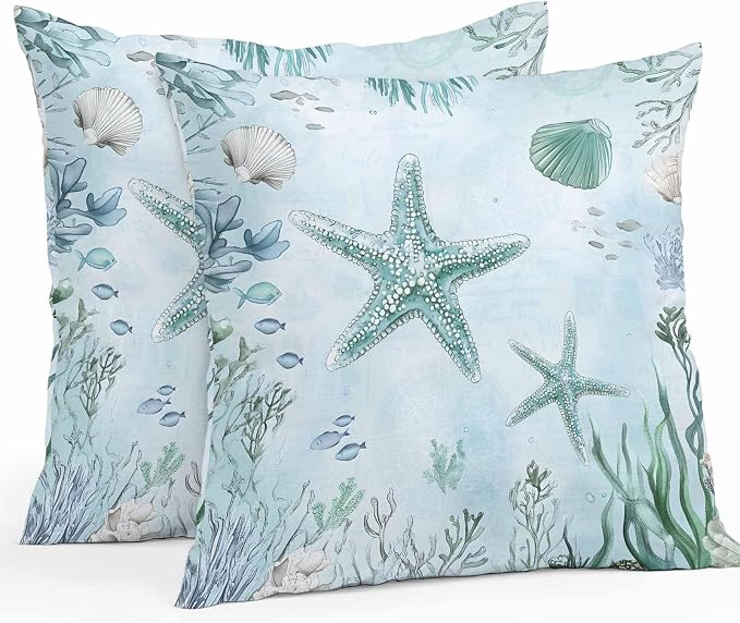 Coastal Starfish Waterproof Outdoor Pillow Covers Set of 2 Home Decor, Nautical Coral Tropical Fish Seashells Pillowcase Patio Pillow Covers for Couch Bench Furniture Garden 16x16in