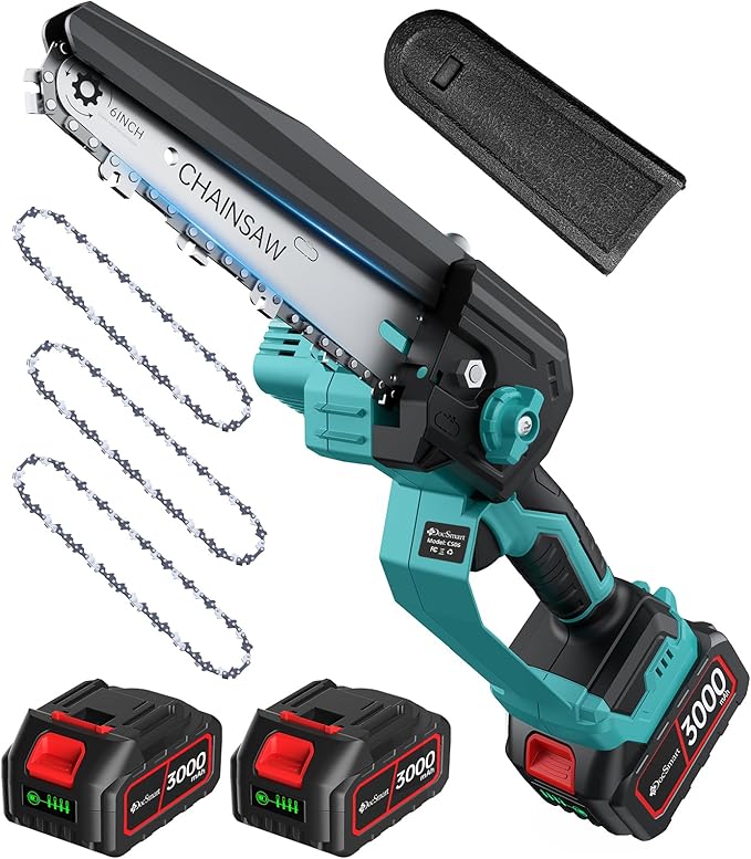 Mini Chainsaw Cordless with 2×3000mAh Rechargeable Batteries, Brushless 1000W Motor, 6 inch Electric Hand Held Tree Saw for Branch Trimming Wood Cutting, Gardening Gifts for Men Women