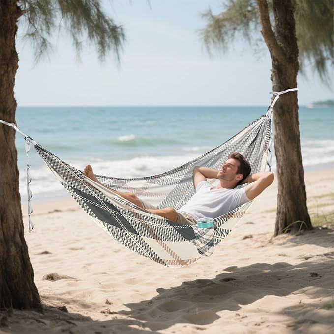 Qilmy French Plaid Camping Hammock Single – 330 lbs Capacity, Lightweight with Tree Straps & Carabiners, Portable for Hiking, Travel, Backpacking