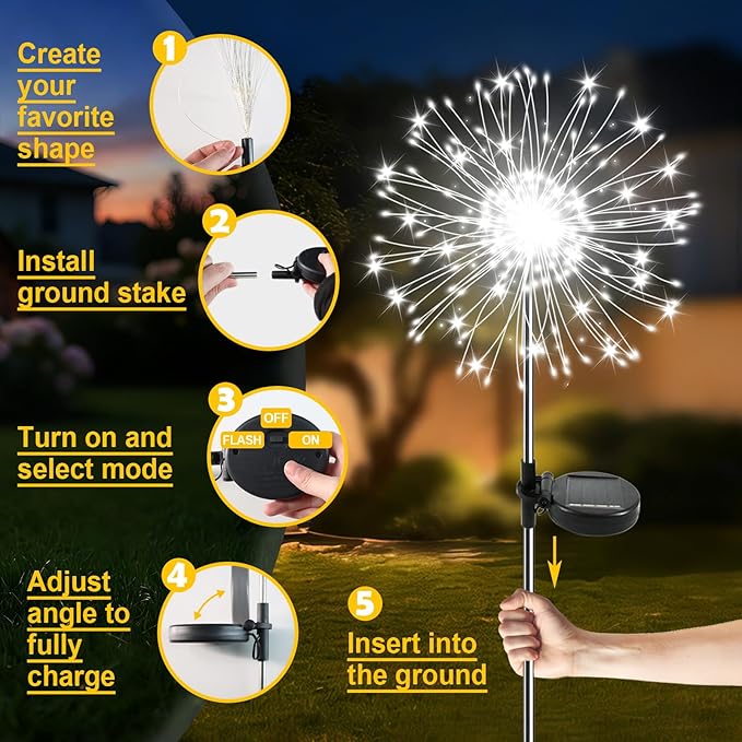 Solar Garden Lights Outdoor, 2 Pack 120 LED Twinkling Firework Lights Decorative with 2 Modes, Outdoor Waterproof Solar Starburst Light for Yard Pathway Planter Patio Decor, White