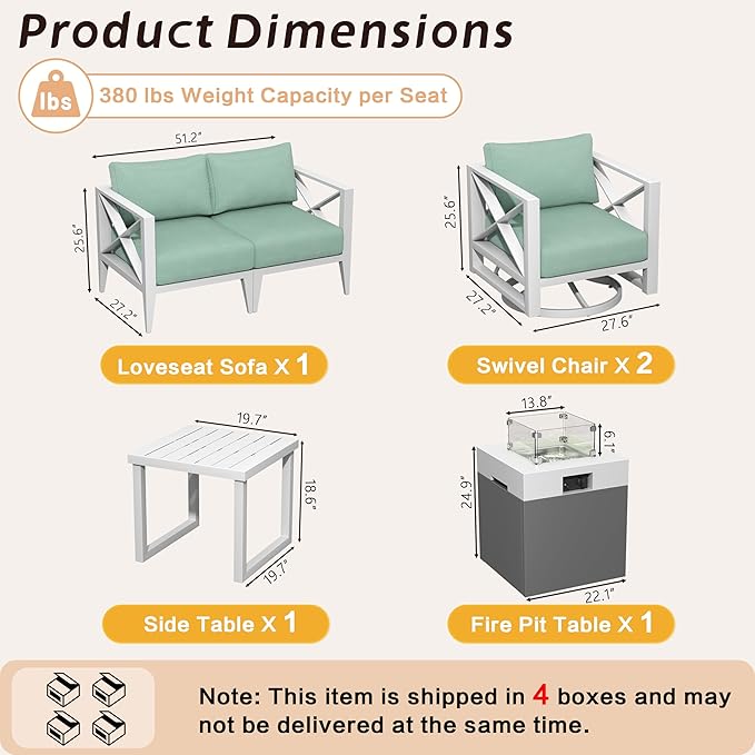 MBY Aluminum Patio Furniture Set with Fire Pit Table, 6-Piece All-Weather Outdoor Conversation Set with Swivel Rocking Chairs, Oversized Modern Sofa for Backyard,Deck,Balcony–White