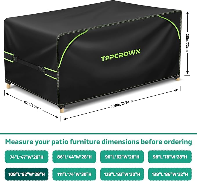 Topcrown Patio Furniture Covers Rectangular, Waterproof Anti-UV Oxford Fabric with Double Airflow Vents for Outdoor Dining Table and Chairs (420D Black+Green, 108"L x 82"W x 28"H)