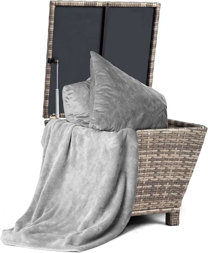 VINGLI Outdoor Side Table with Storage, 13-Gallon Patio Deck Box Outdoor Wicker Side Table for Poolside Balcony Storage Table (Grey, Trapezoid)