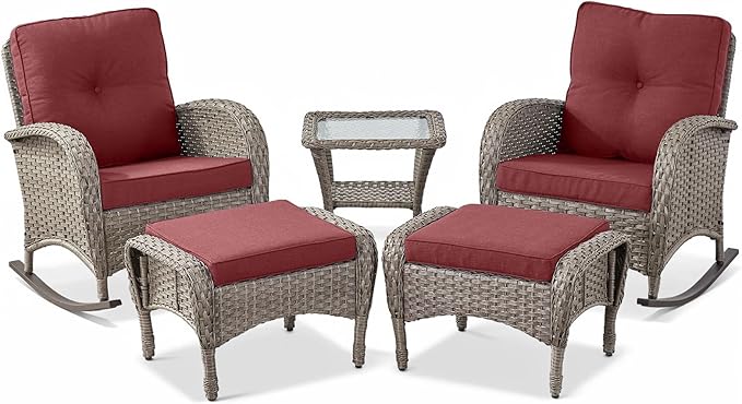 Belord 5 Piece Patio Rocking Chairs Furniture Set - Outdoor Wicker Furniture with Ottomans and Side Table, Rattan Conversation Bistro Set for Porch Balcony Backyard