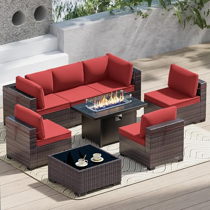 Outdoor Terrace Furniture Set, 8 Piece Outdoor Furniture Set, with 43 inch Aluminum 55002 BTU Propane fire Pit, PE Willow Vine Terrace Dialogue Set - Red.