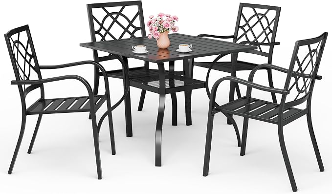 Oakcloud 5-Piece Patio Dining Set, Outdoor Metal Furniture Dining Table Set 4 Stackable Patio Dining Chairs and Square Dining Table with Umbrella Hole, Black