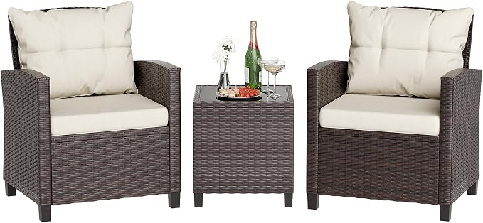JAMFLY 3 Piece Wicker Patio Furniture Set - Outdoor Rattan Conversation Set with Soft Cushions & Glass Coffee Table for Balcony, Porch, Small Backyard - All Weather Beige Bistro Set, Beige